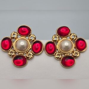 Square Gold-Tone Red Gripoix & Faux Pearl Stud Earrings